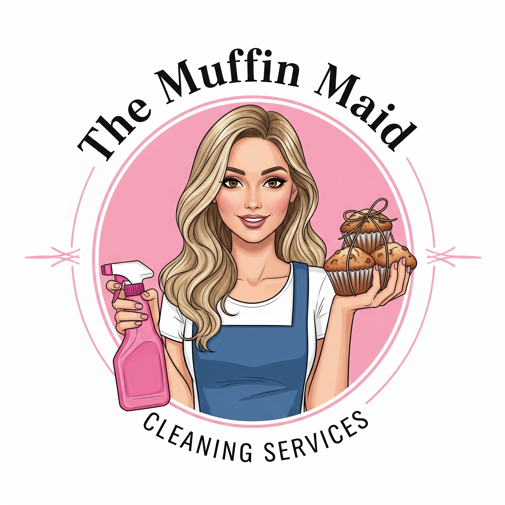 The Muffin Maid logo – Kaylee holding a cleaning spray bottle and a tray of muffins